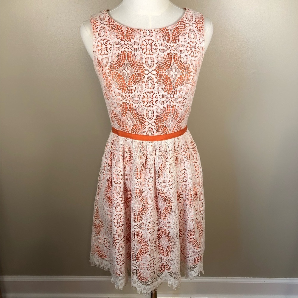 Shoshanna Elegant Orange Sleeveless Dress with Cream Color Lace Overlay Size 2